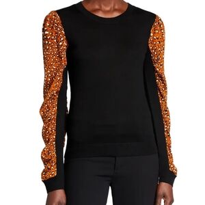 Veronica Beard Adler Leopard Sleeves Mixed Media Merino Wool Sweater Size M